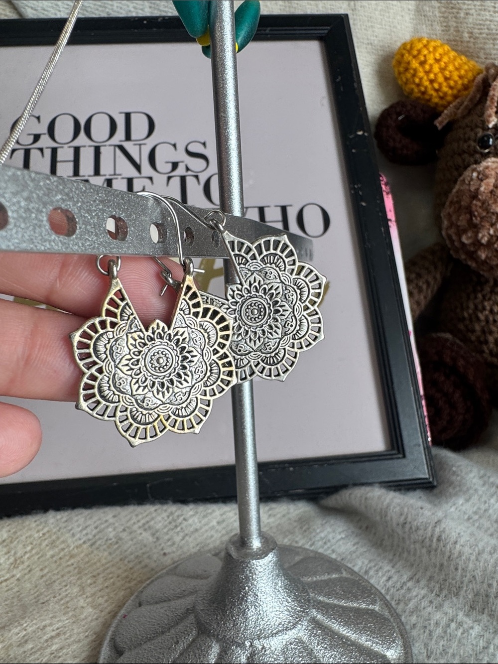 Boho Filigree Mandala Dangle Earrings - Silver Tone